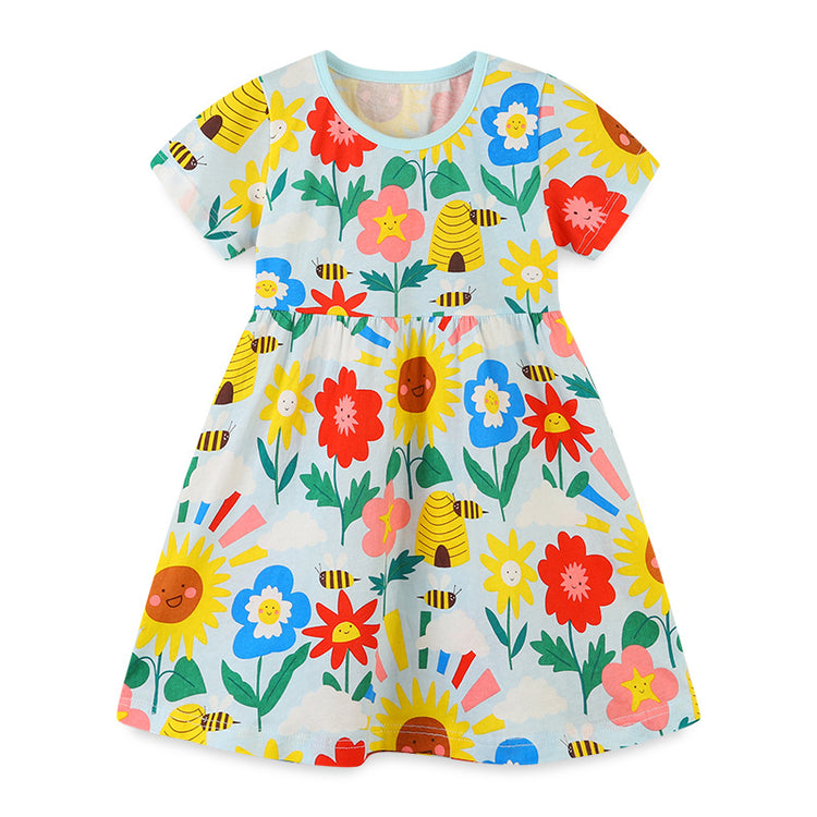Summer New Girls Knitted Cartoon Round Neck Princess Dress