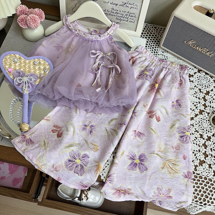 Girls Summer New Baby Girl Mesh Suspender Pants Two Piece Set