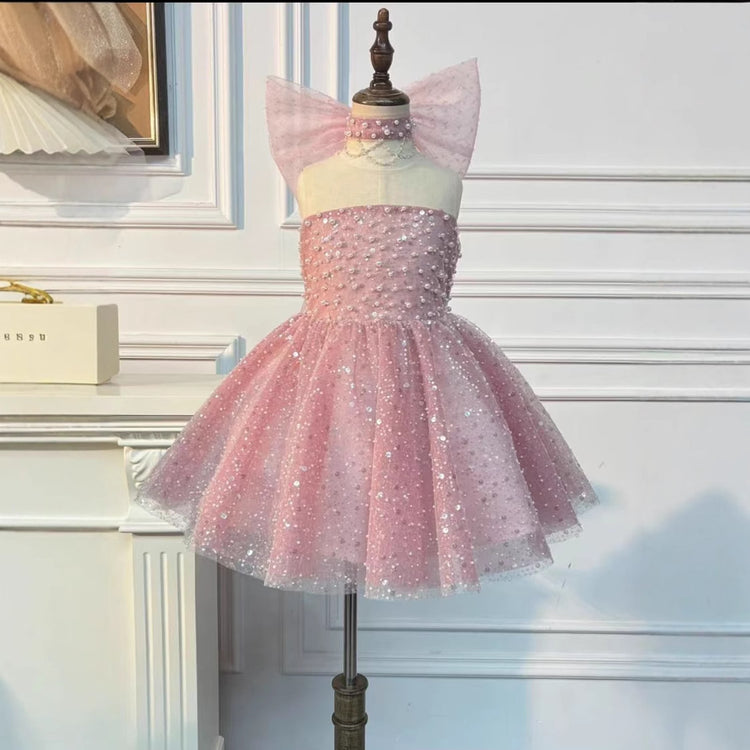 Girls Birthday Dress Children Pink Sequin Princess Dress