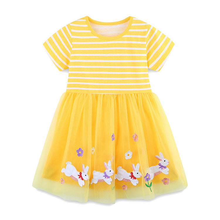 Summer Girls Embroidered Mesh Striped Princess Dress
