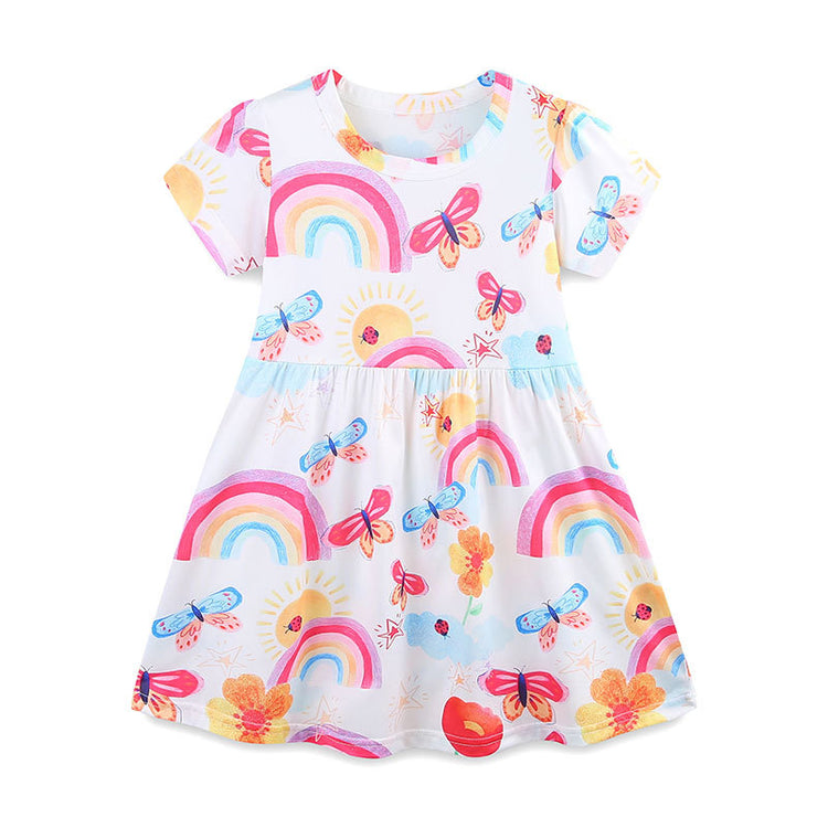 Summer New Girls Cartoon Print Round Neck Short Sleeve Dress