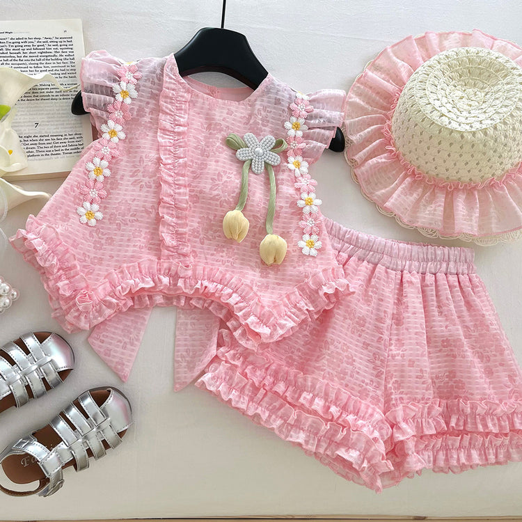 Summer Girls New Flying Sleeves Bow Shirt Lace Shorts Two-piece Suit