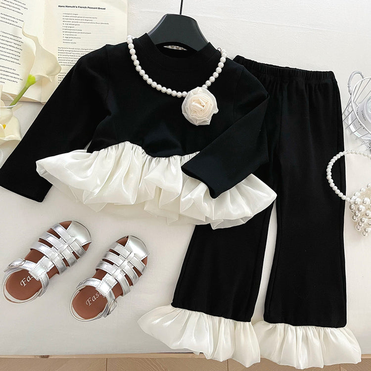 Girls' Autumn Ruffled Top and Bootcut Pants Two-Piece Set