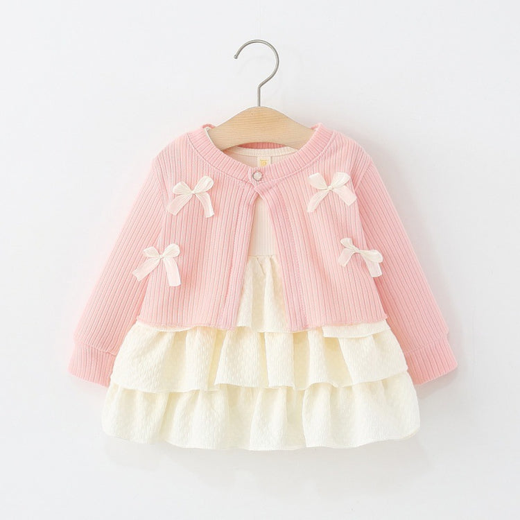 Girls Autumn Knitted Cardigan Cake Dress Two-Piece Set