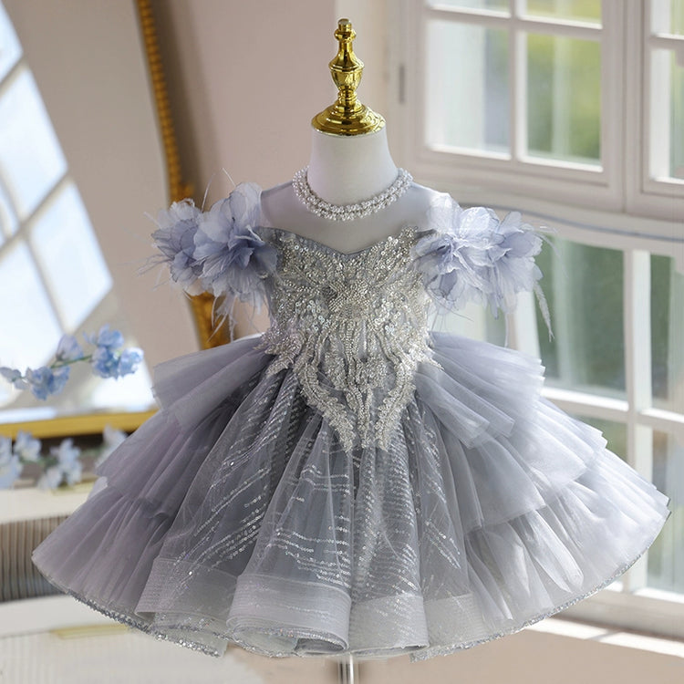 Girls Elegant Prom Princess Dress Girl Birthday Gray Dress