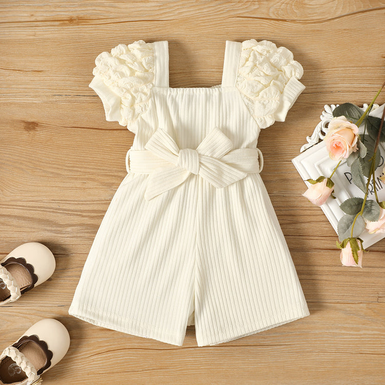 Baby Summer Square Neck Puff Sleeve Belt Jumpsuit Shorts