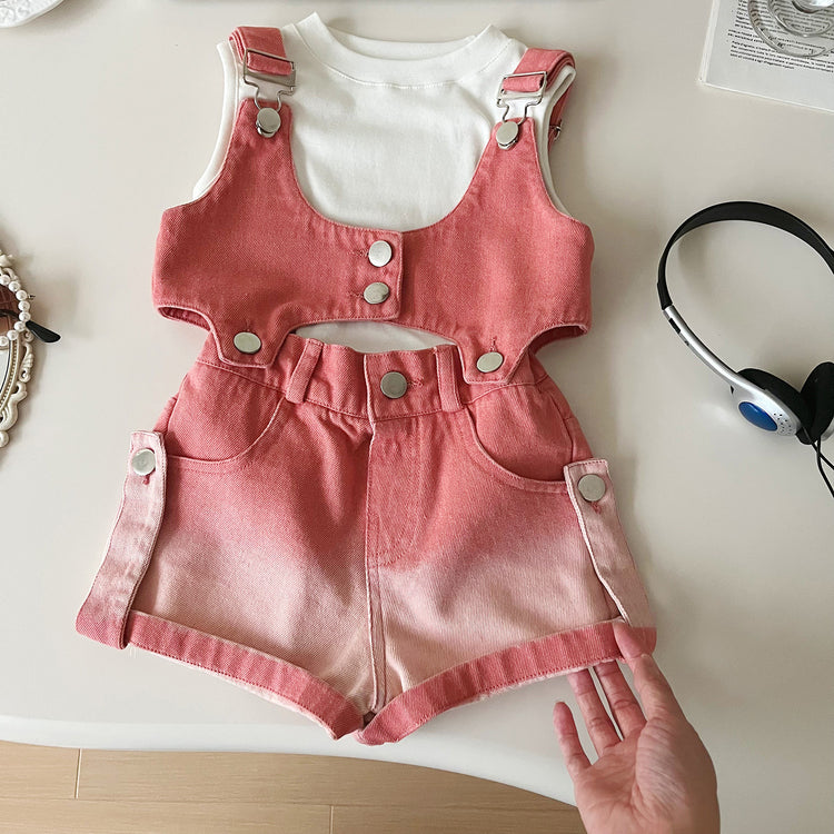 Girls Summer Suit Denim Vest T-shirt Shorts Three-piece Suit