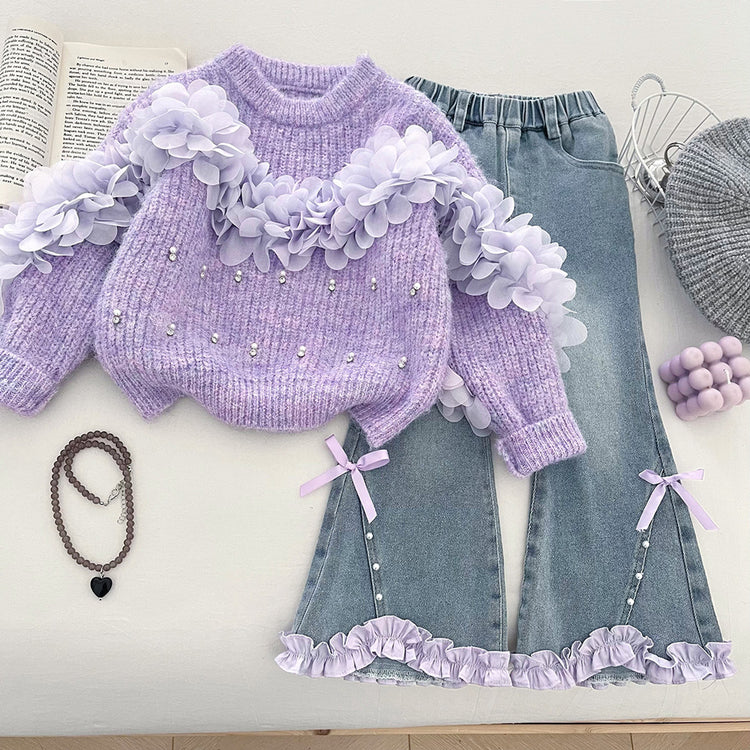 Girls' 3D Flower Beaded Sweater and Flared Jeans Two-Piece Set