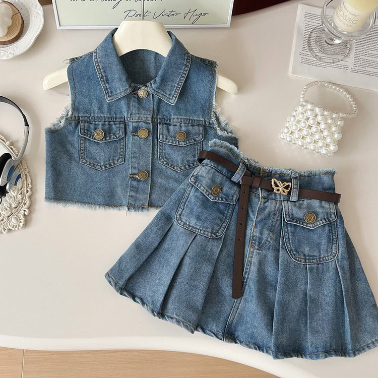 Girls Summer Denim Suit Sleeveless Raw Edge Vest Pleated Skirt Two-piece Suit