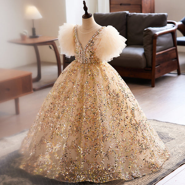 Luxurious Baby Girl Dress Children Pageant Gold Sequin Birthday Princess Dress, Gold / 9-10 Years (150cm) Luxurious Baby Girl Dress Children Pageant Gold Sequin Birthday Princess Dress, Gold / 9-10 Years (150cm)