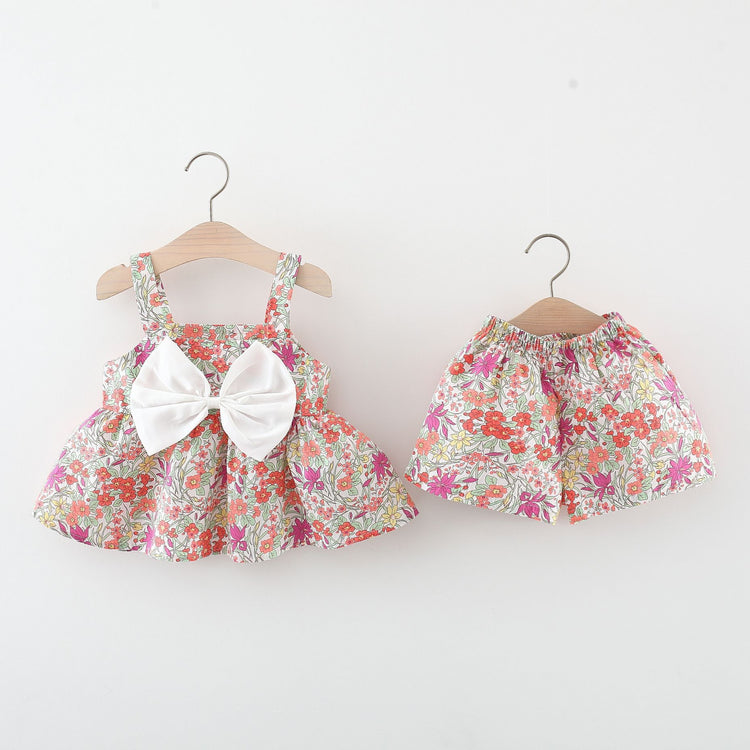Summer New Girls Floral Suspender Shorts Two-piece Suit