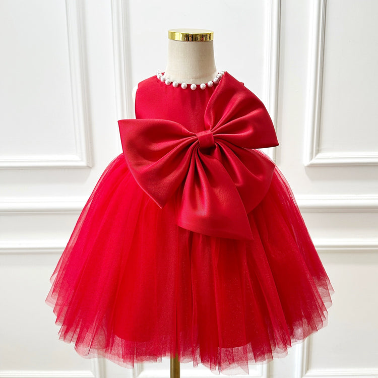Girls Bow Dress Baby Girl One-year-old Princess Dress Red Birthday Party Dress
