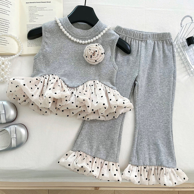 Girls Colorblock Polka Dot Vest Flared Pants Two-Piece Set
