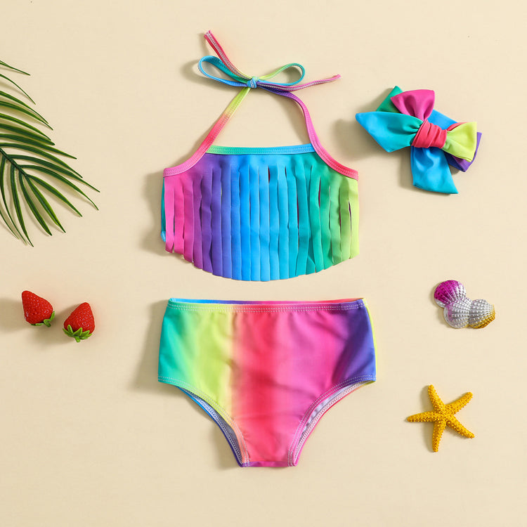 Baby Girl's Headscarf Tassel Swimsuit Three Piece Set