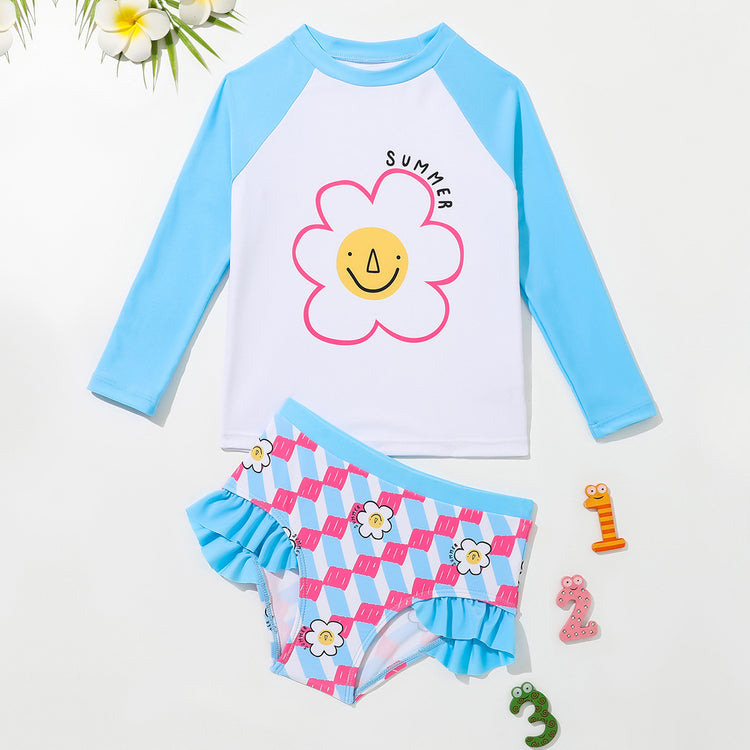 Girls Long Sleeve Floral Summer Swimsuit Top Shorts Two-piece Set