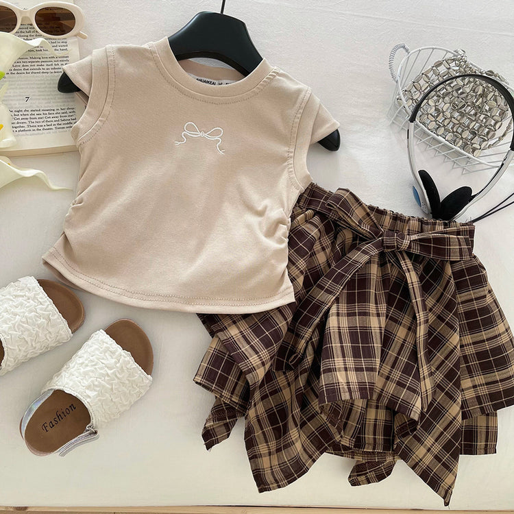 Girls' Summer Embroidered T-shirt Plaid Bow Irregular Skirt Two-piece Set