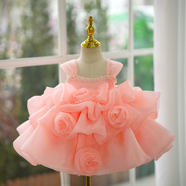 Luxurious Baby Girl Flower Fluffy Dress Toddler Pageant Birthday Princess Dress, Pink Orange / 5-6 Years (130cm)