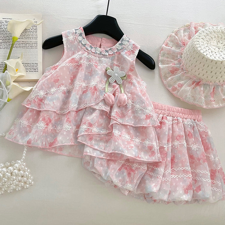 Summer Girls Sleeveless Vest Flower Bud Shorts Two-piece Set