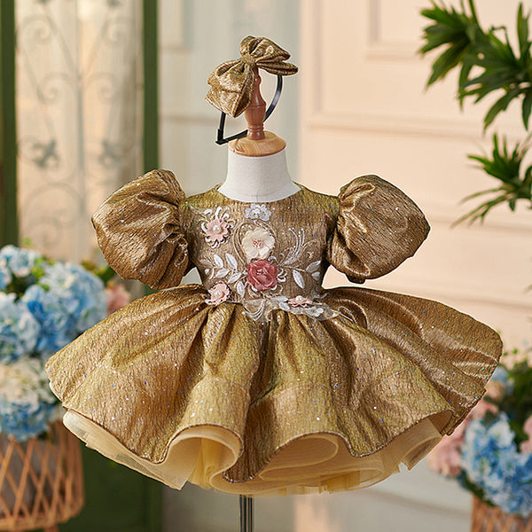 Cute Baby Girl Sequins Embroidery Dress Toddler Beauty Pageant Birthday Princess Dress, Gold / 5-6 Years (130cm)