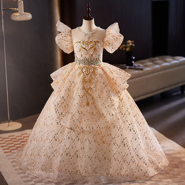 Girl Pageant Champagne Sequin Pearl Fluffy Princess Dress Girl Pageant Champagne Sequin Pearl Fluffy Princess Dress