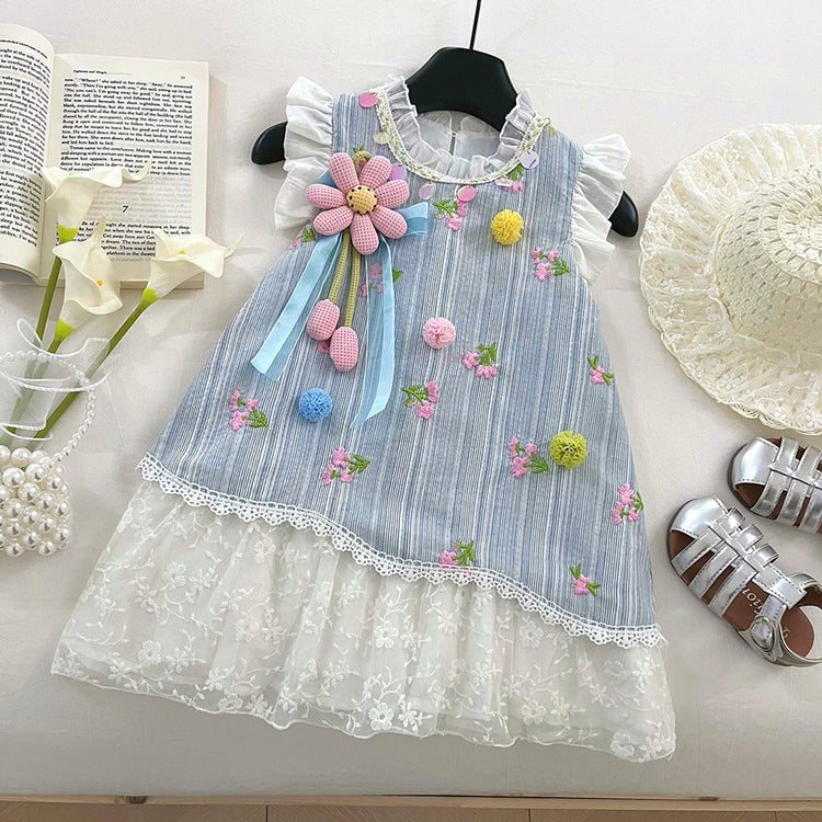 Summer Girls Flying Sleeve Lace Splicing Flower Princess Dress