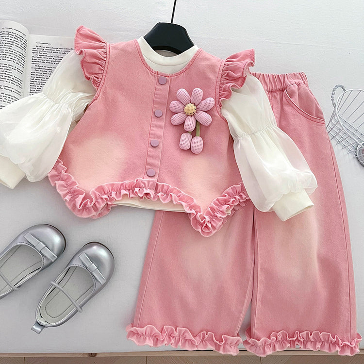 Girls' Flying Sleeve Top Bottoming Shirt and Wide-leg Jeans Three-piece Set