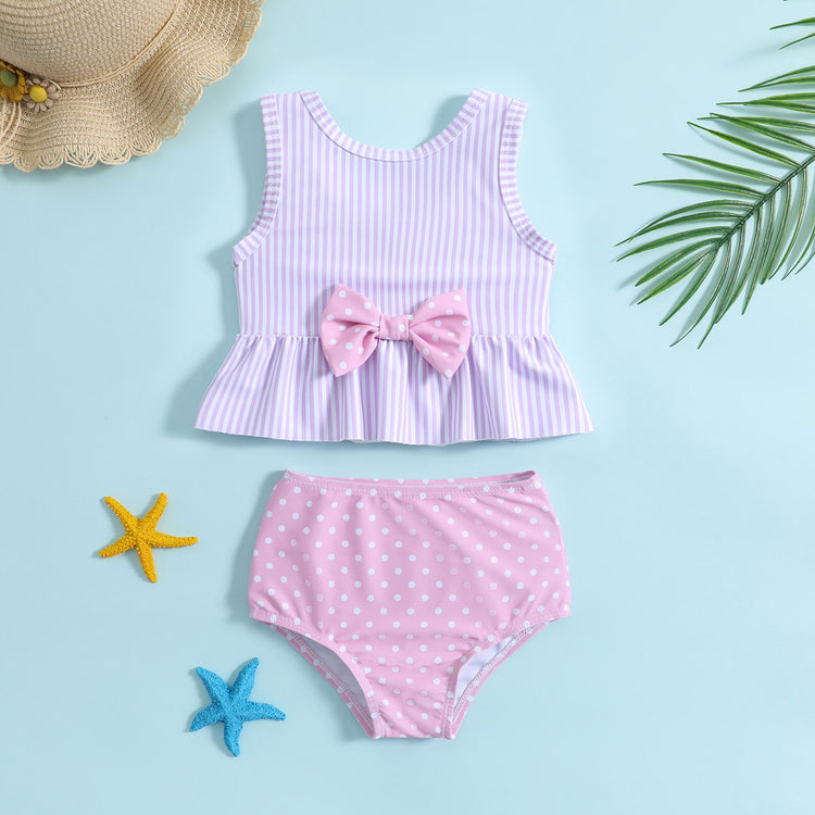 Cute Girls Striped Polka Dot Print Swimsuit Two-Piece Set