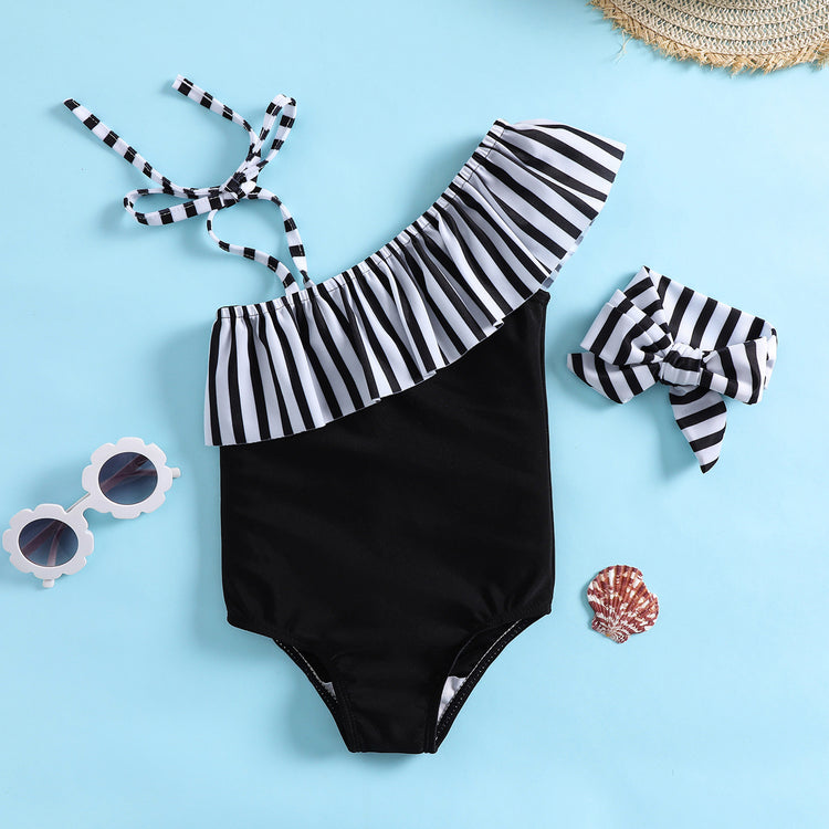 Children's Swimsuit Girls One Shoulder Striped Print Swimsuit
