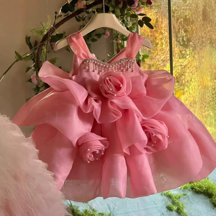Children's Pink Rose Birthday Princess Dress Flower Girl Fluffy Dress