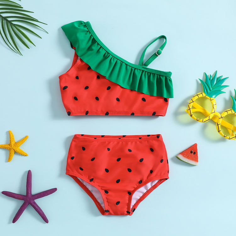 Girls One Shoulder Sling Girls Cute Shorts Swimsuit Two-piece Set