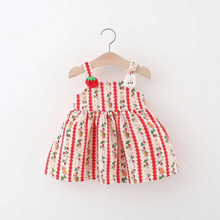 New Summer Girls Strawberry Rabbit Print Vertical Striped Suspender Dress