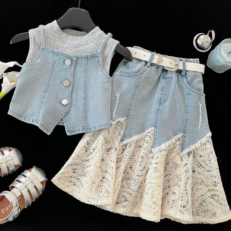 Girls' Summer Lace-Panel Denim Top Vest Skirt Three-Piece Set