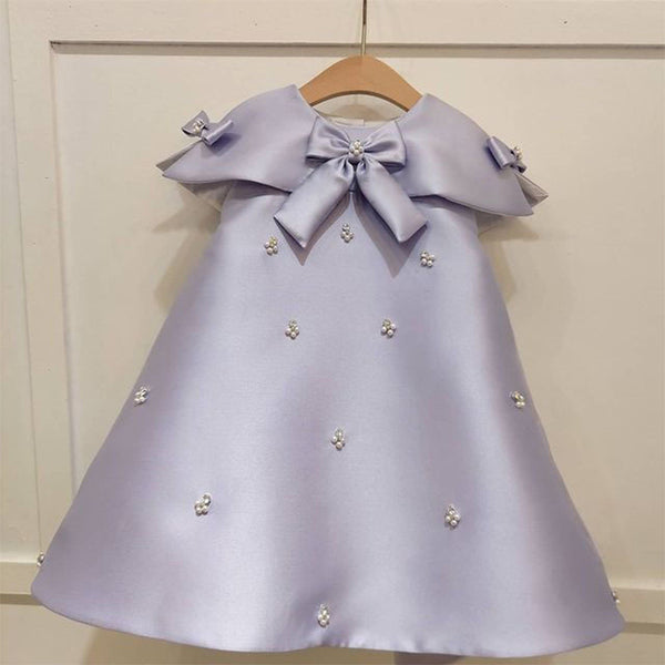 Knee Length Round Neck Short Sleeves Embroidery Baby Girl Party Dress with Bow