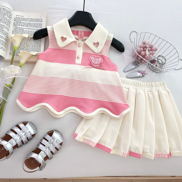 Girls Summer Backless Bow Top Pleated Skirt Two-Piece Set