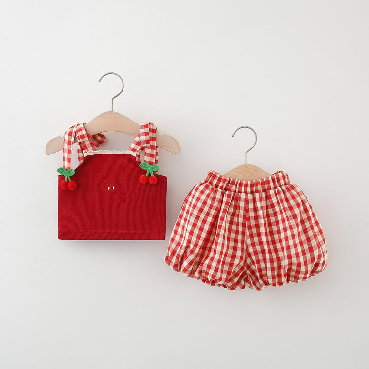 Summer Girls Suspender Knit Top Plaid Shorts Two-piece Set