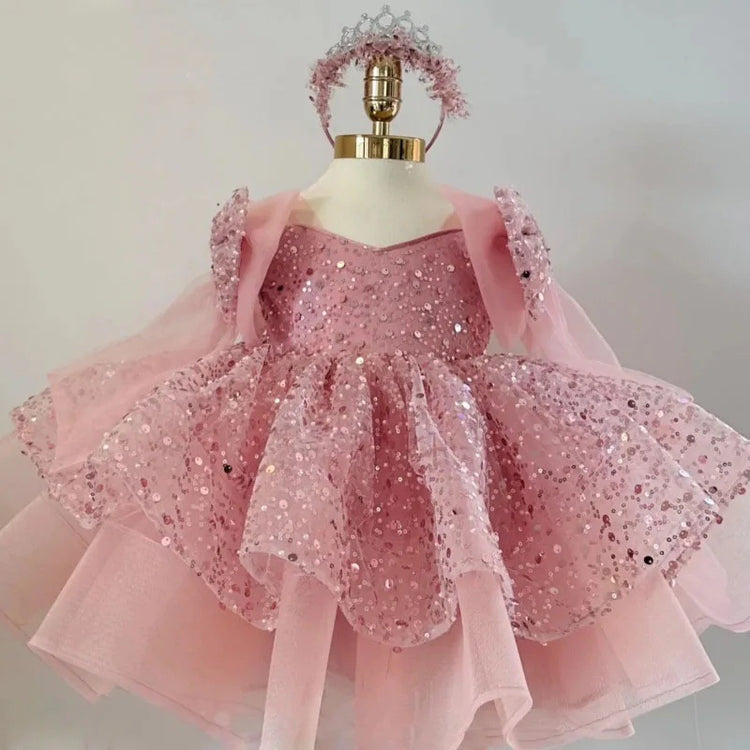 Flower Girl Elegant Sequin Dress Girls Birthday Tulle Bow Princess Dress