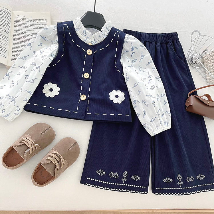 Girls' Embroidered Vest Shirt and Wide-leg Pants Three-piece Set