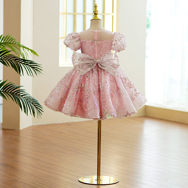 Pink Organza Princess Flower Girl Dress with Sequins and Beads for Babies and Girls