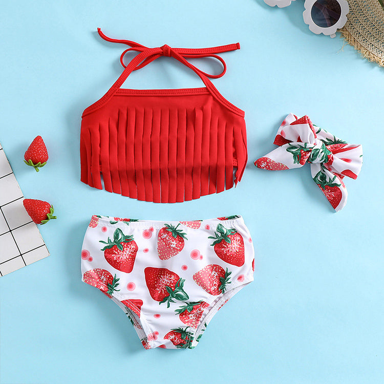 Girls Strawberry Print Swimsuit Baby Girl Red Tassel Sling Three-piece Set