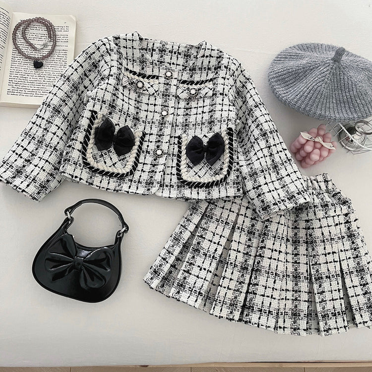 Girls' Autumn New Plaid Jacket and Short Skirt Two-piece Suit