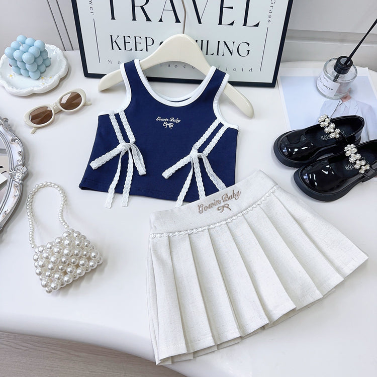 Girls Vest Suit Summer New Bow Vest Pleated Skirt Two-piece Suit