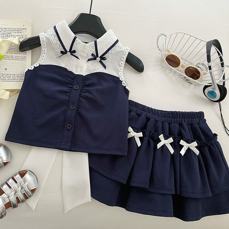 Girls' Summer New Bow Sleeveless Hollow Top Pleated Skirt Two-piece Set