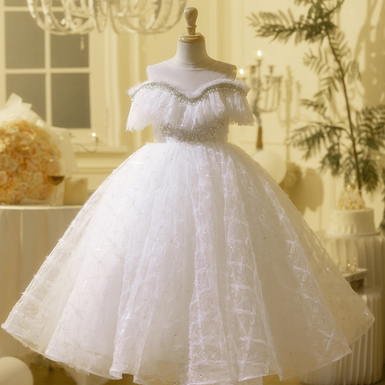 Girls Birthday White One Shoulder Dress Girls Prom Princess Dress