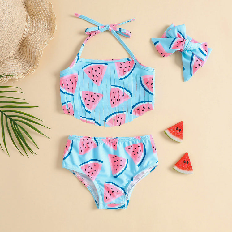 Children's Watermelon Print Swimsuit Girls Suspender Shorts Bowknot Three-piece Set