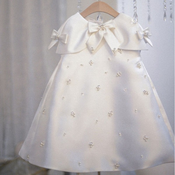 Beaded Round Neck Short Sleeves Knee-Length Baby Girl Party Dress with Bow