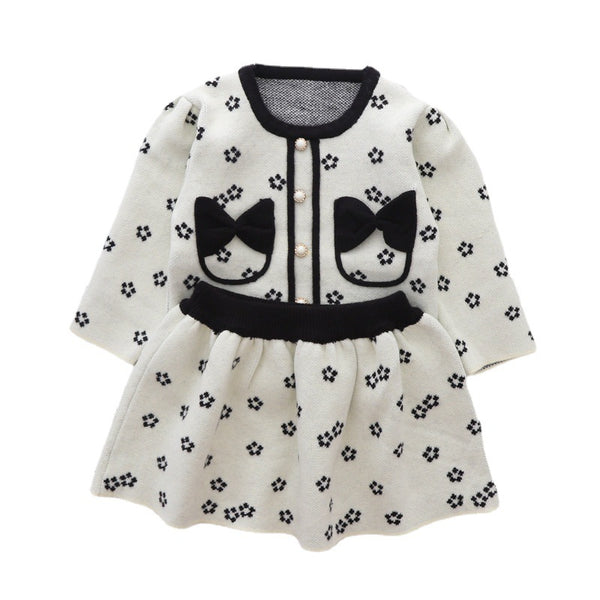 Cute Baby Girl Bow Sweater Dress Printed Two Piece Winter