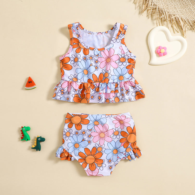 Girls Cute Flower Print Swimsuit Two-Piece Set