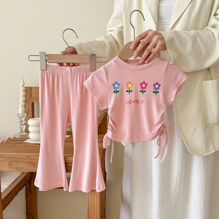 Children's Printed Lace-up Short-sleeved Flared Pants Two-piece Suit