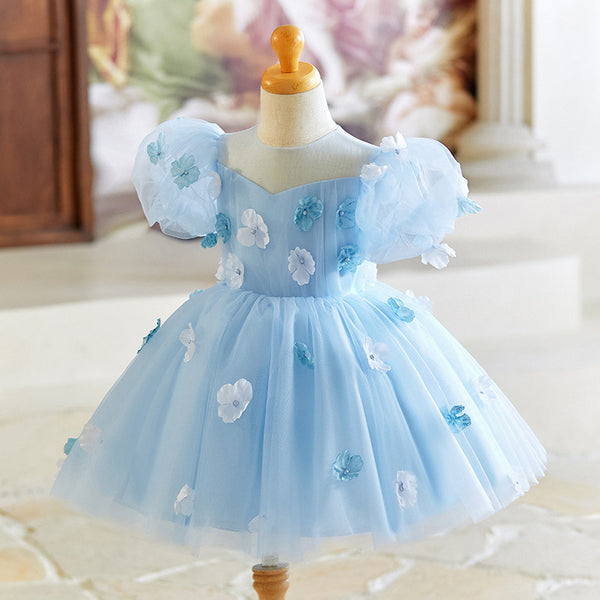 Blue Flower Girl Wedding Dress Girl Birthday Princess Dress  marryshe