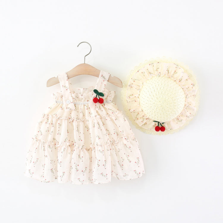 Girls Summer Sleeveless Cherry Chiffon Camisole Princess Dress